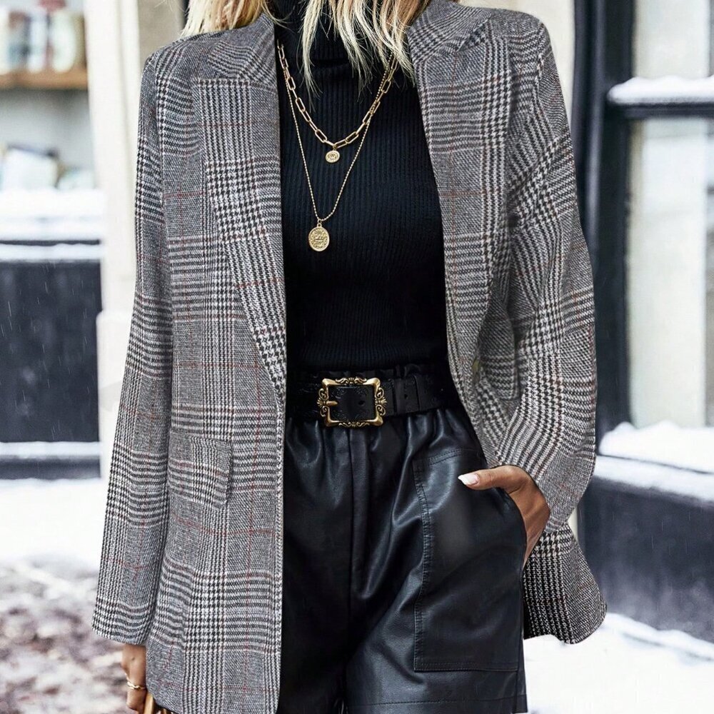 Chocolate Brown Casual Women's Plaid Print Elegant Long Sleeve Blazer - Picture 1 of 4